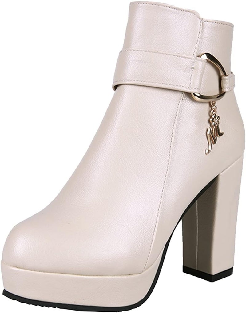 woobles Winter Boot for Women,Women Round Toe Platform Booties Ladies Cute Chunky High Heel Snow Ankle Boot Wedge Zipper Slip On Boot Causal Walking Dress Shoe, White, 9 - Image 1